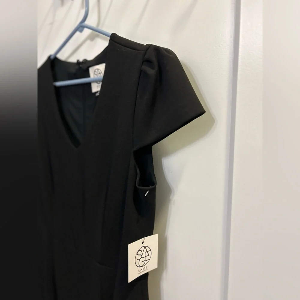 NWT Sage Black Scuba Crepe Asymmetrical Cap Sleeve Dress